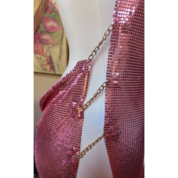 Pink Chainmail Mini Dress W/ Detachable Gold Chain Neck Strap & Draped Back OS - Picture 7 of 8